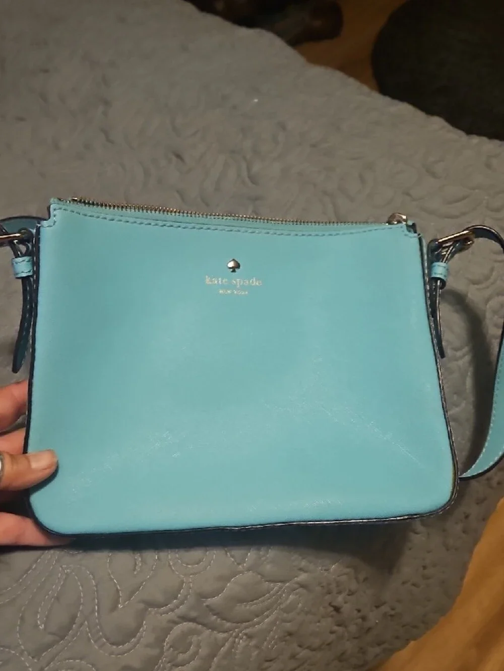 kate spade mint green leather tote with gold logo